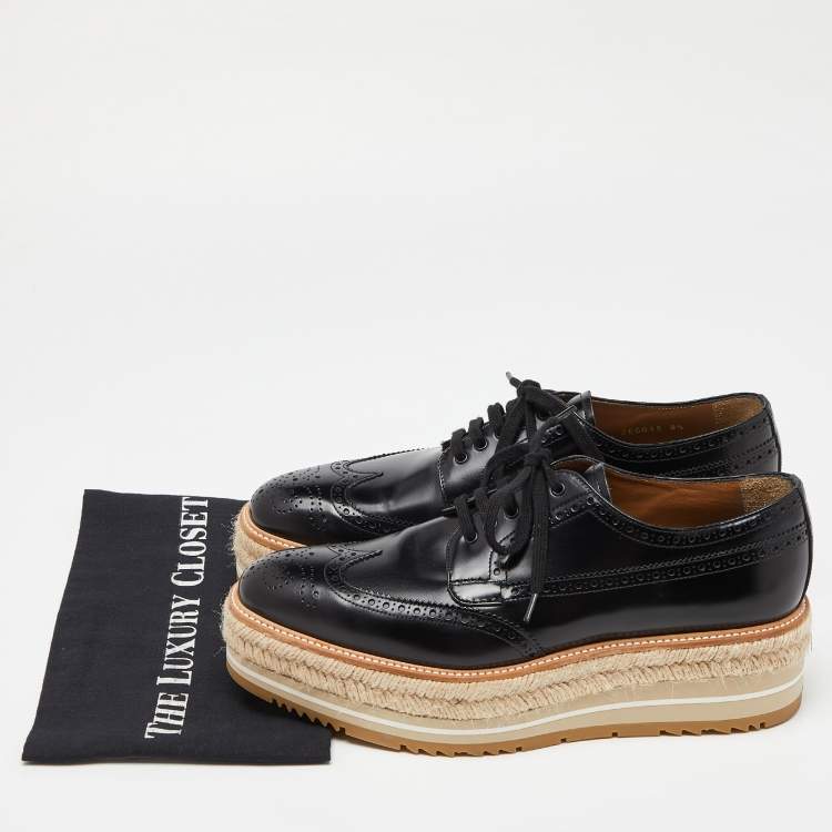 Pre Owned Prada Black Brogue Leather Wave Wingtip Espadrille Platform Derby Sneakers Size 42.5
