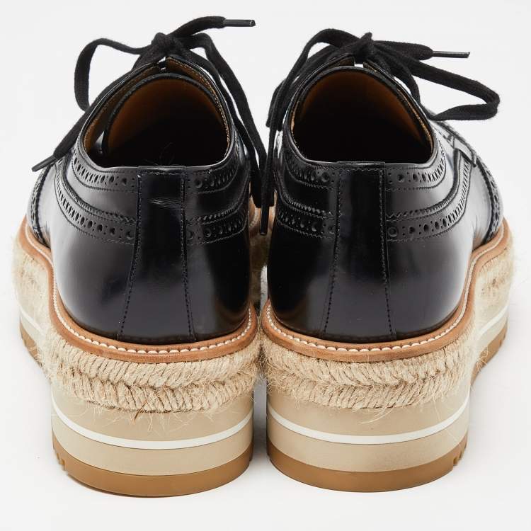 Pre Owned Prada Black Brogue Leather Wave Wingtip Espadrille Platform Derby Sneakers Size 42.5