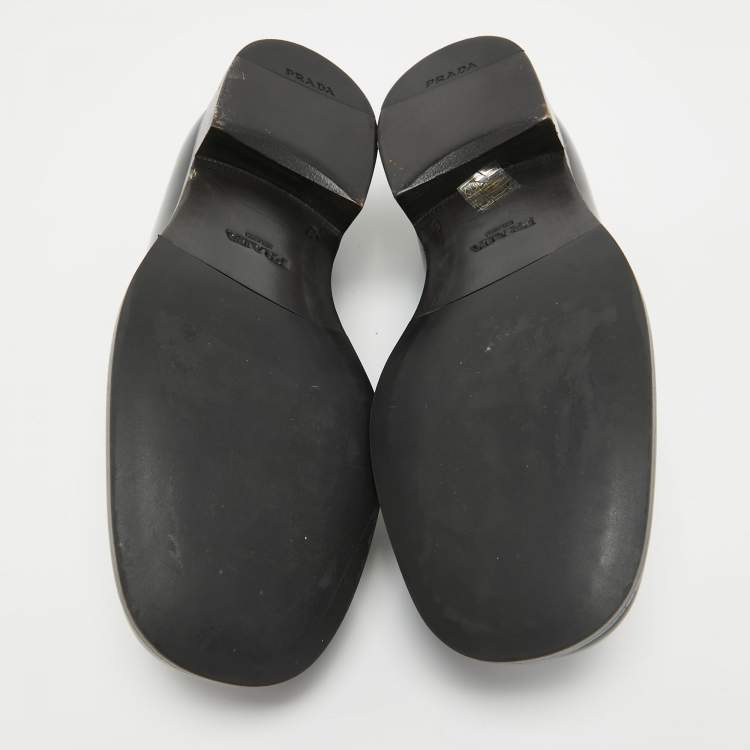 Pre Owned Prada Black Leather Logo Plaque Loafers Size 42