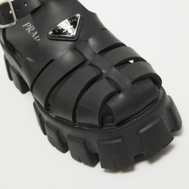 Pre Owned Prada Black Rubber Platform Ankle Strap Sandals Size 41