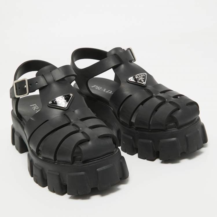 Pre Owned Prada Black Rubber Platform Ankle Strap Sandals Size 41