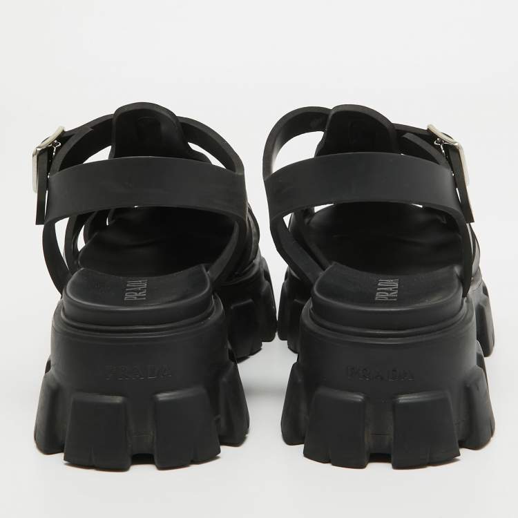 Pre Owned Prada Black Rubber Platform Ankle Strap Sandals Size 41