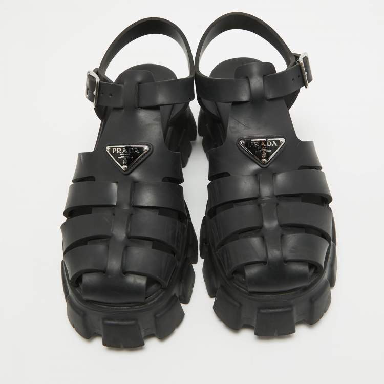 Pre Owned Prada Black Rubber Platform Ankle Strap Sandals Size 41