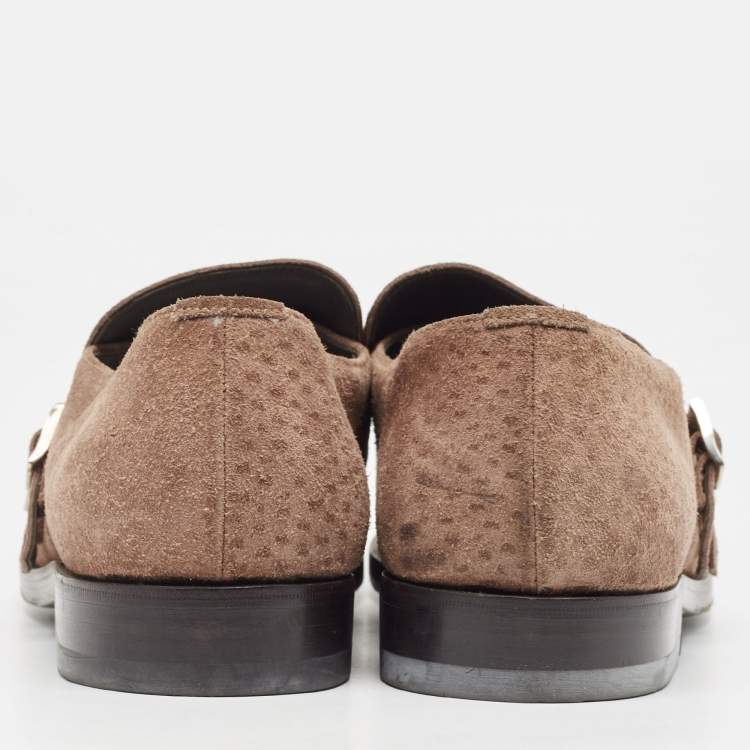 Pre Owned Prada Brown Textured Suede Monk Strap Loafers Size 43