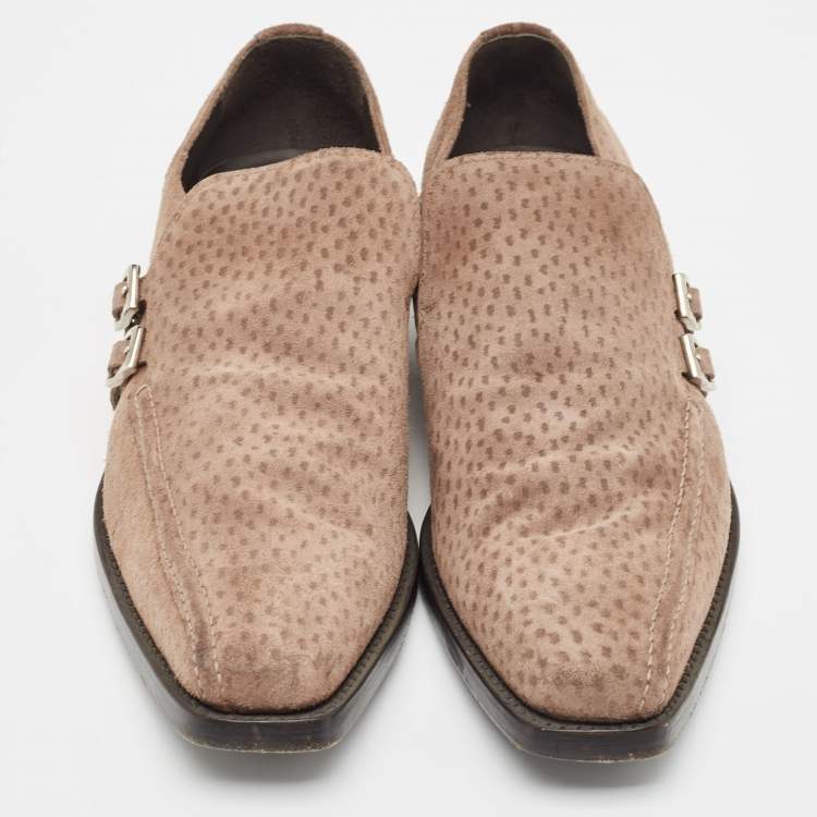 Pre Owned Prada Brown Textured Suede Monk Strap Loafers Size 43