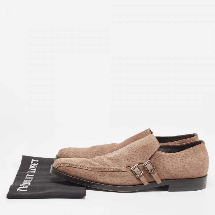 Pre Owned Prada Brown Textured Suede Monk Strap Loafers Size 43