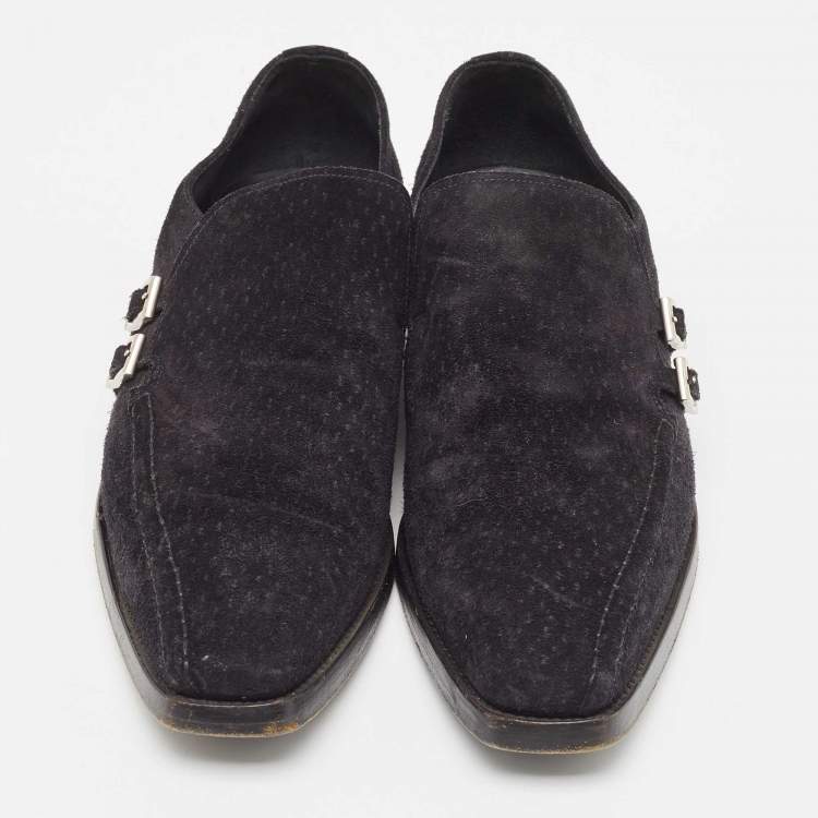 Pre Owned Prada Navy Blue Textured Suede Monk Derby Size 43