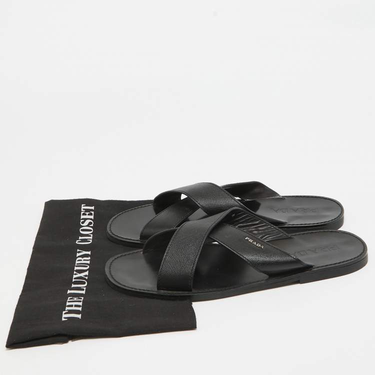 Pre Owned Prada Black Leather Crisscross Flat Slides Size 42