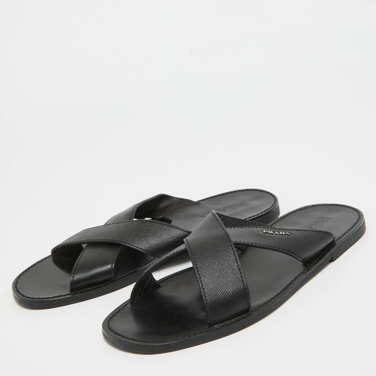 Pre Owned Prada Black Leather Crisscross Flat Slides Size 42