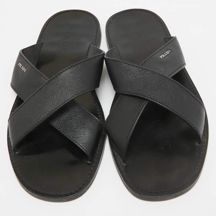 Pre Owned Prada Black Leather Crisscross Flat Slides Size 42