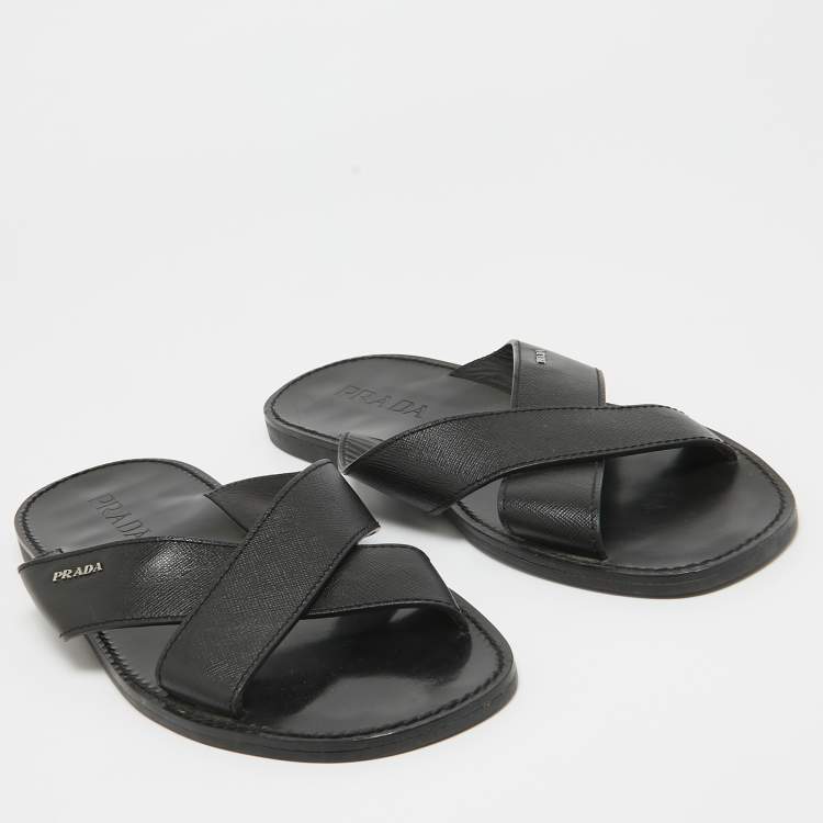 Pre Owned Prada Black Leather Crisscross Flat Slides Size 42