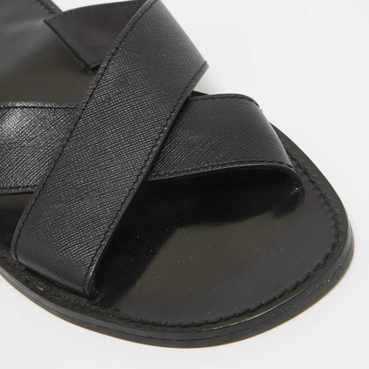 Pre Owned Prada Black Leather Crisscross Flat Slides Size 42