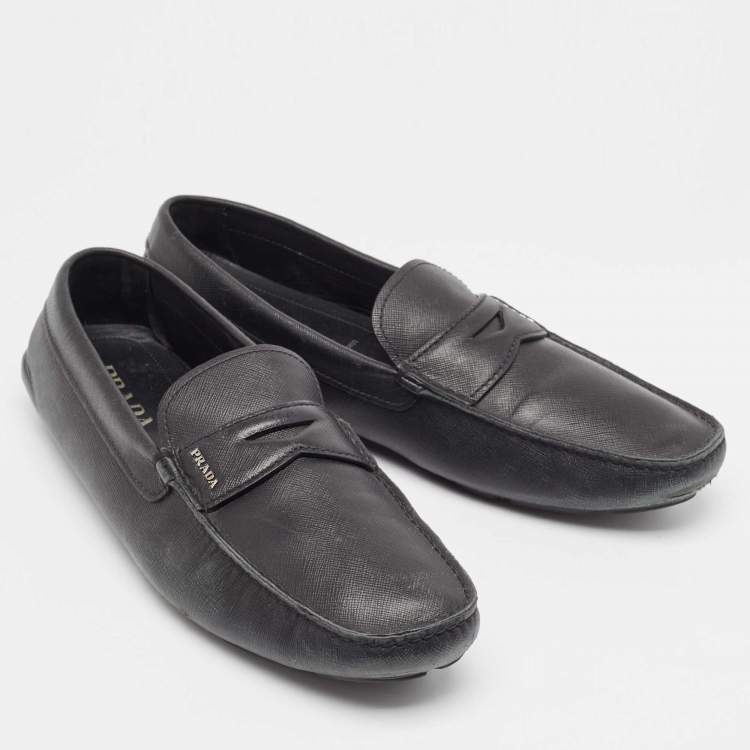 Pre Owned Prada Black Leather Slip On Loafers Size 46