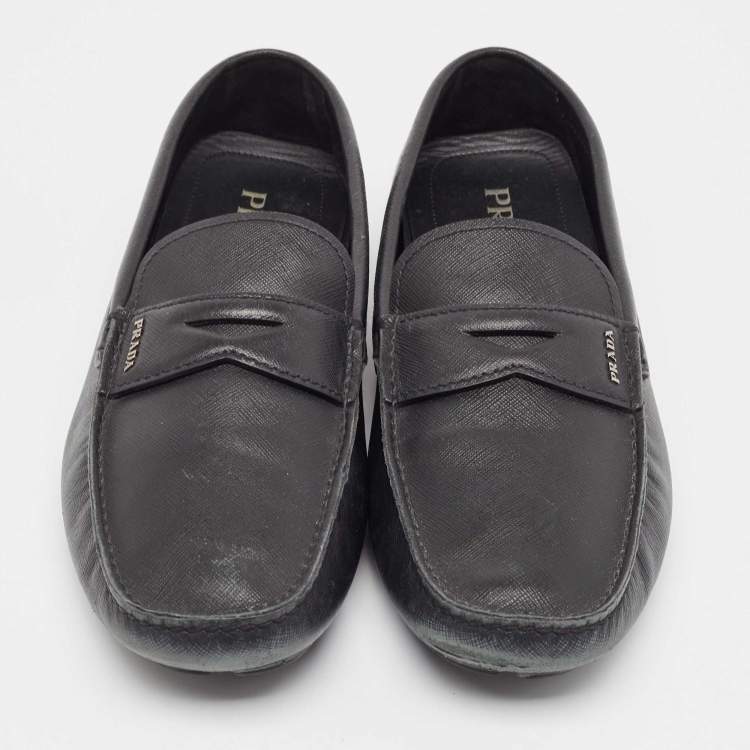 Pre Owned Prada Black Leather Slip On Loafers Size 46