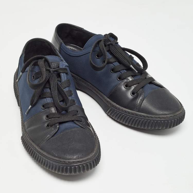 Pre Owned Prada Black/Blue Leather and Canvas Low Top Sneakers Size 42