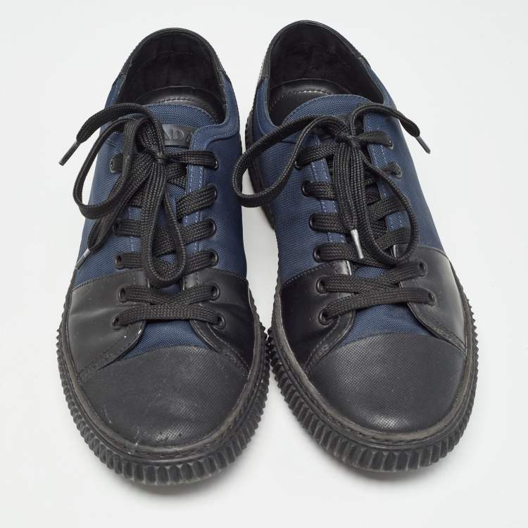 Pre Owned Prada Black/Blue Leather and Canvas Low Top Sneakers Size 42