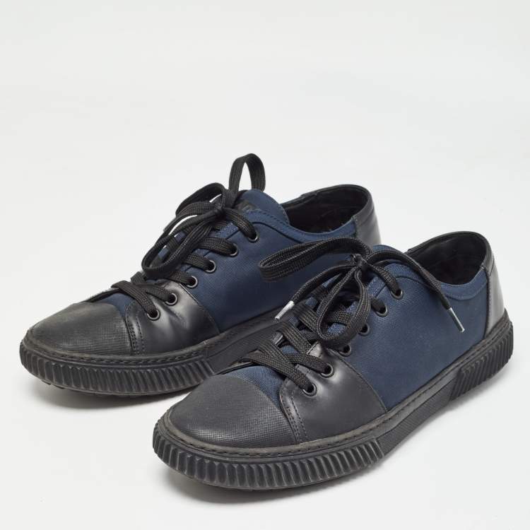 Pre Owned Prada Black/Blue Leather and Canvas Low Top Sneakers Size 42
