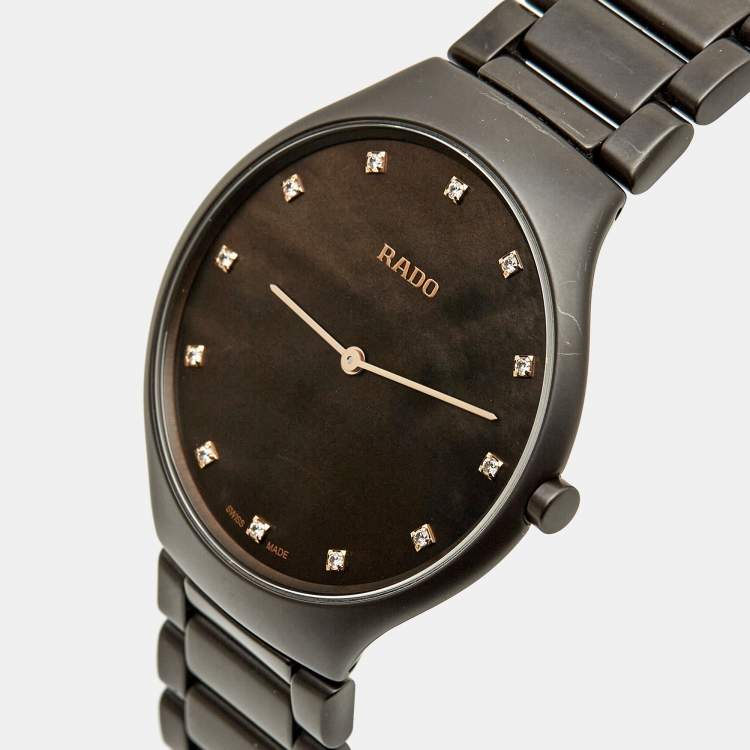 Pre Owned Rado True Thinline R27011902 Brown Mother Of Pearl Dial Diamond High-Tech Ceramic Titanium Men's Wristwatch 39 mm