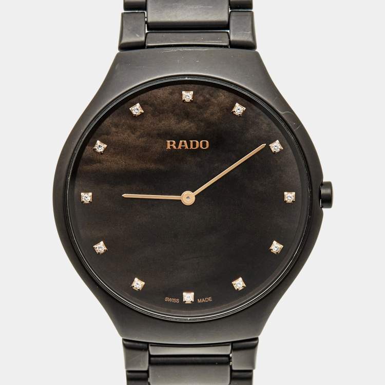 Pre Owned Rado True Thinline R27011902 Brown Mother Of Pearl Dial Diamond High-Tech Ceramic Titanium Men's Wristwatch 39 mm