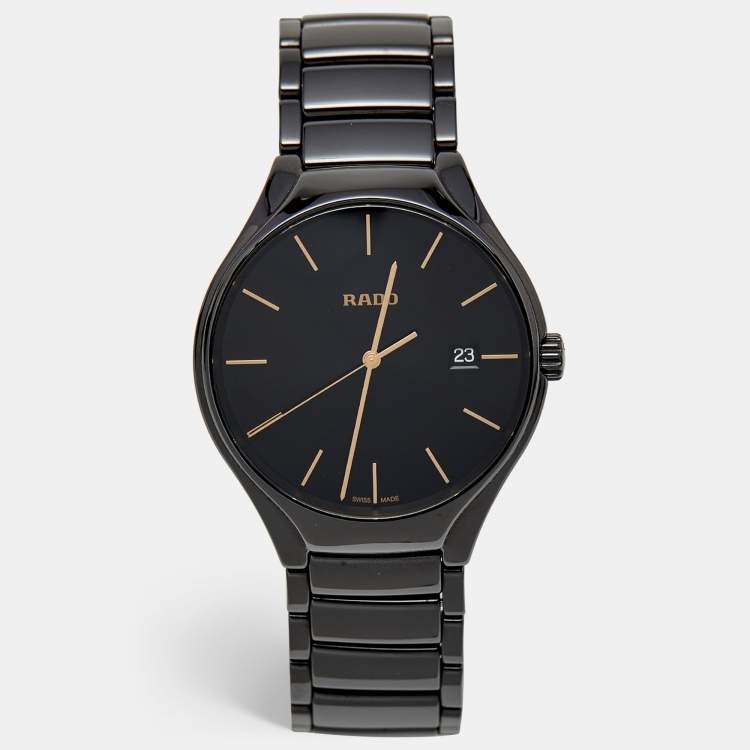 Pre Owned Rado True Round R27238162 Black Dial High-Tech Ceramic Titanium Men's Wristwatch 40 mm