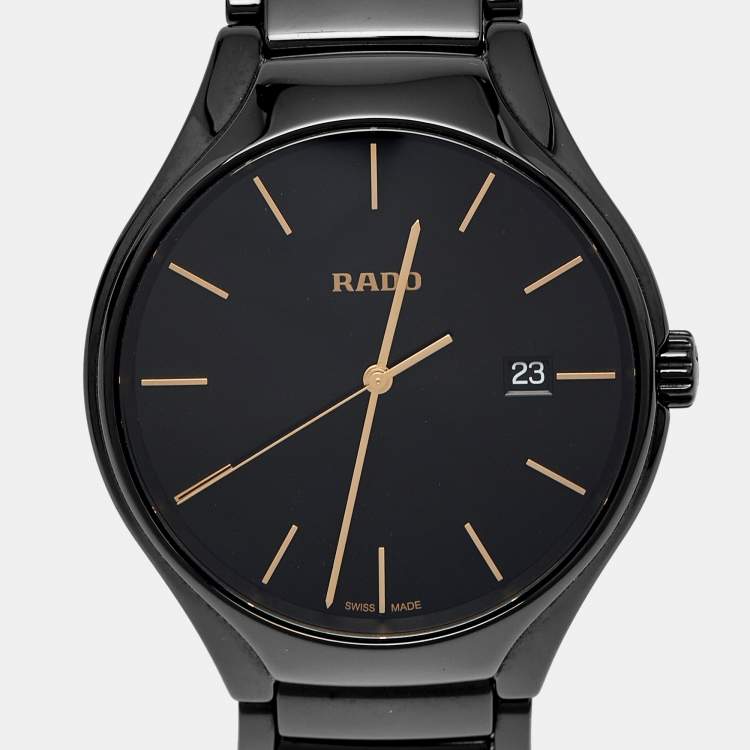 Pre Owned Rado True Round R27238162 Black Dial High-Tech Ceramic Titanium Men's Wristwatch 40 mm