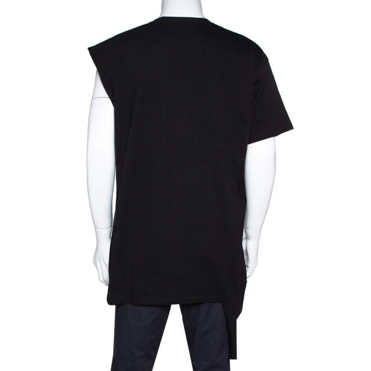 Pre Owned Raf Simons Black Printed Cotton Double Neck Detail T-Shirt L