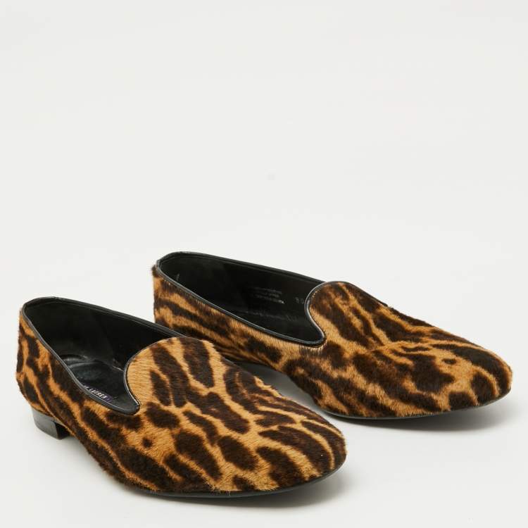Pre Owned Ralph Lauren Collection Brown Animal Print Calf Hair Slip On Smoking Slippers Size 45