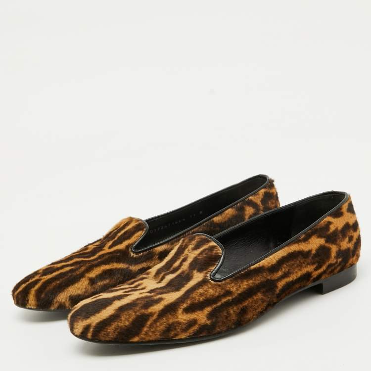 Pre Owned Ralph Lauren Collection Brown Animal Print Calf Hair Slip On Smoking Slippers Size 45