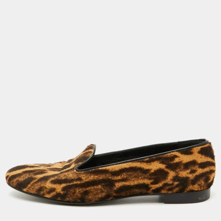 Pre Owned Ralph Lauren Collection Brown Animal Print Calf Hair Slip On Smoking Slippers Size 45
