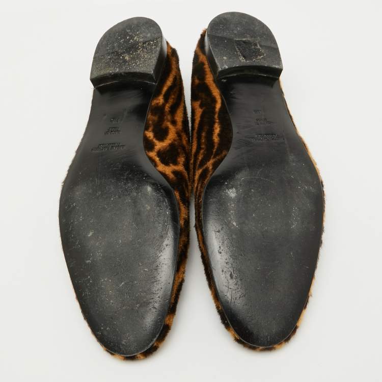 Pre Owned Ralph Lauren Collection Brown Animal Print Calf Hair Slip On Smoking Slippers Size 45