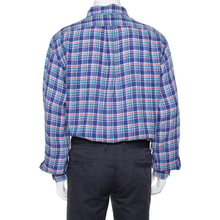Pre Owned Ralph Lauren Pigment Blue Sea Soft Linen Plaid Shirt XL