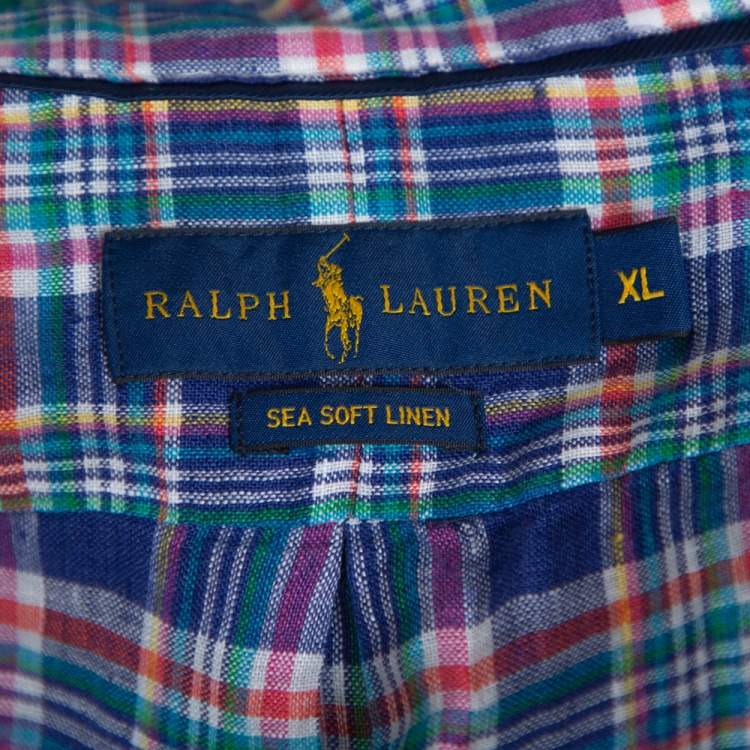 Pre Owned Ralph Lauren Pigment Blue Sea Soft Linen Plaid Shirt XL