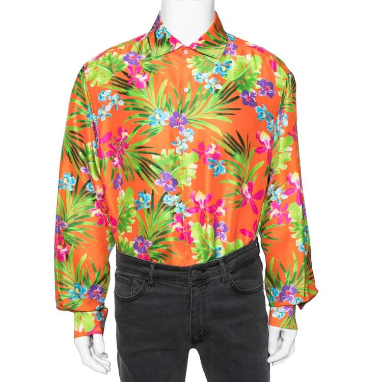 Pre Owned Ralph Lauren Orange Tropical Floral Print Silk Button Front Shirt XXL