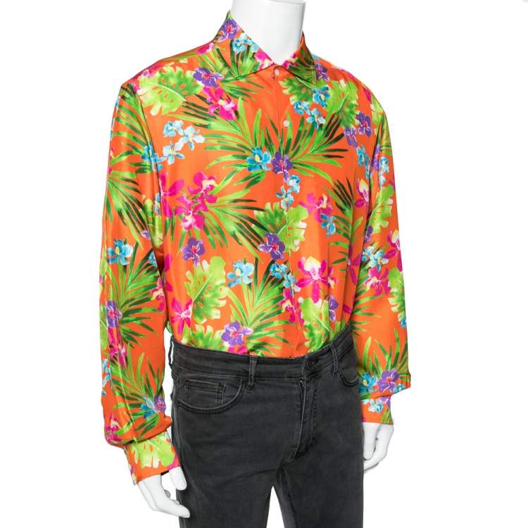 Pre Owned Ralph Lauren Orange Tropical Floral Print Silk Button Front Shirt XXL