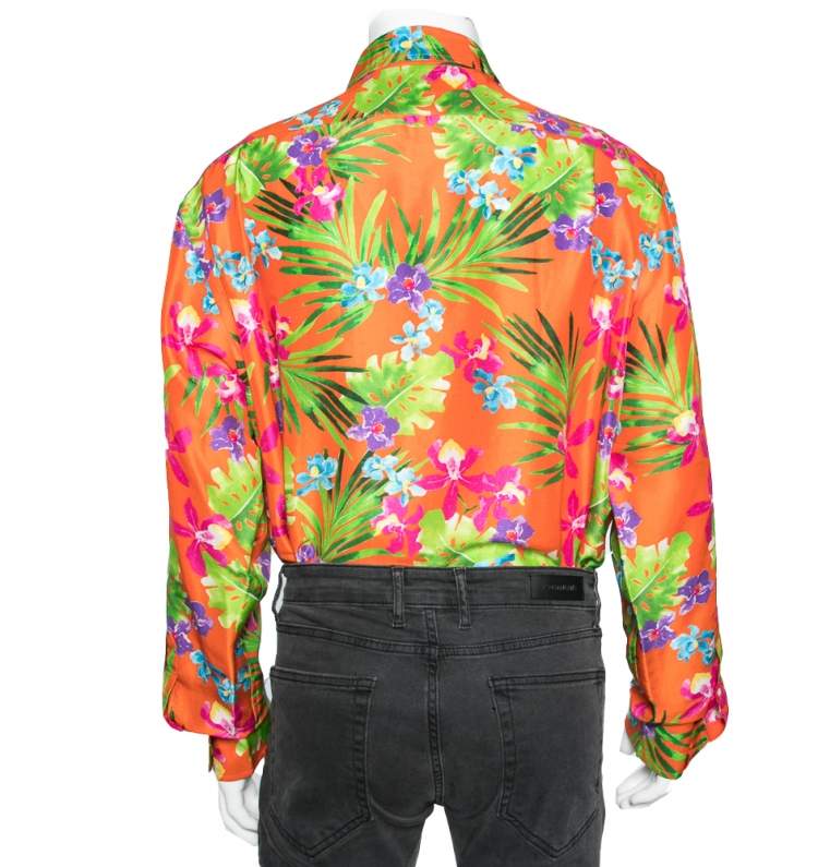 Pre Owned Ralph Lauren Orange Tropical Floral Print Silk Button Front Shirt XXL