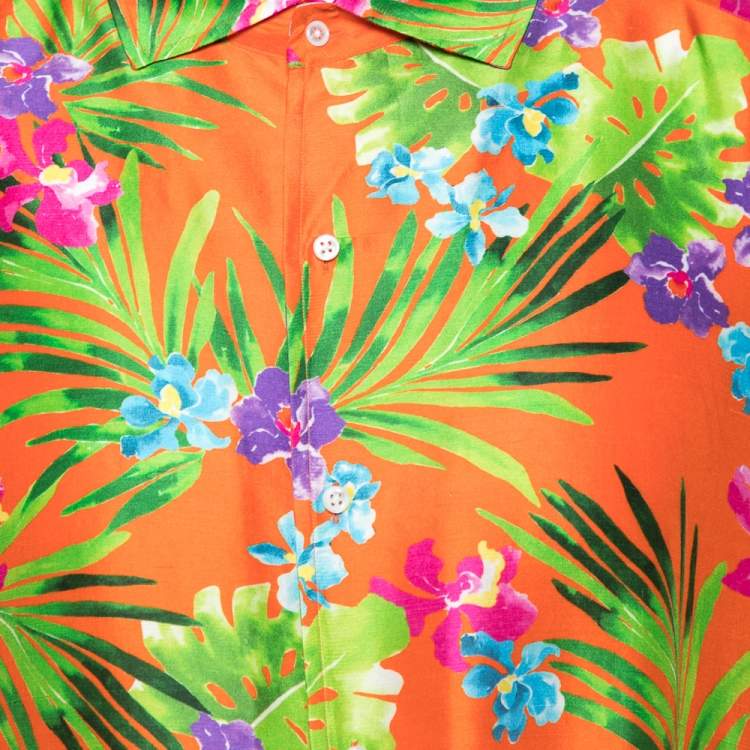 Pre Owned Ralph Lauren Orange Tropical Floral Print Silk Button Front Shirt XXL