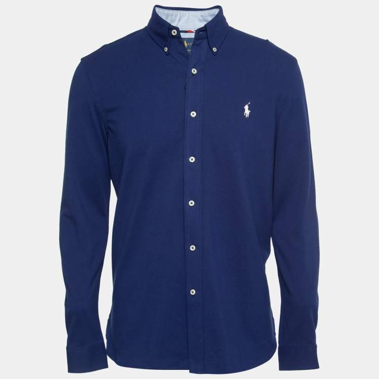 Pre Owned Ralph Lauren Blue Cotton Pique Long-Sleeve Polo T-Shirt M
