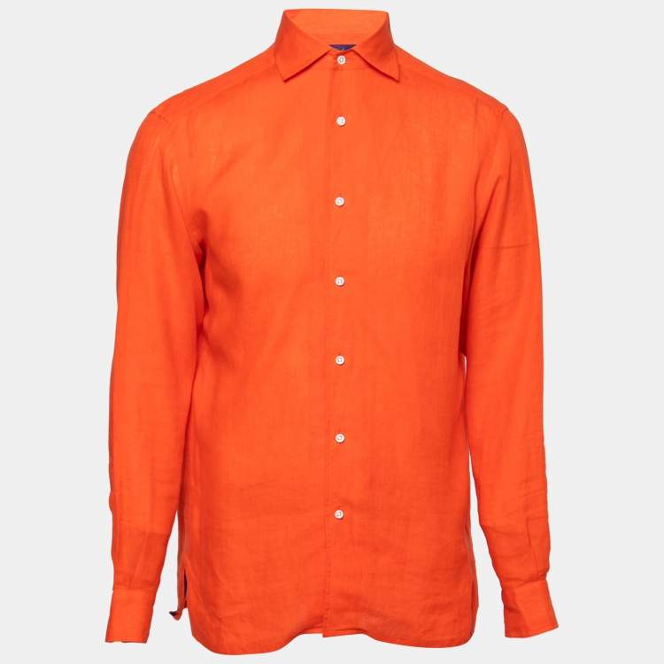 Pre Owned Ralph Lauren Purple Label Orange Linen Button Front Shirt M