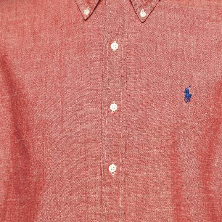 Pre Owned Ralph Lauren Coral Red Cotton Custom Fit Button Down Shirt M