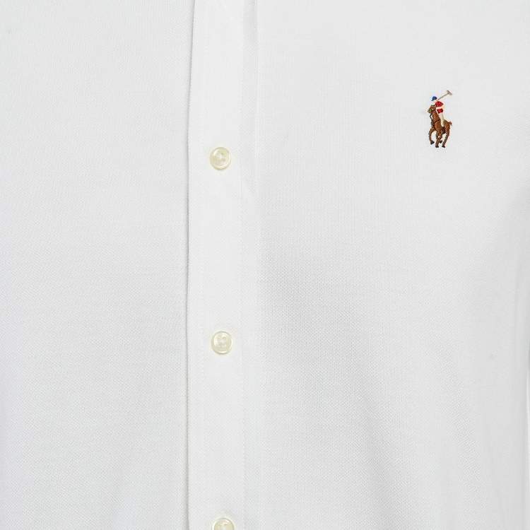 Pre Owned Ralph Lauren White Cotton Pique Knit Button Front Shirt L