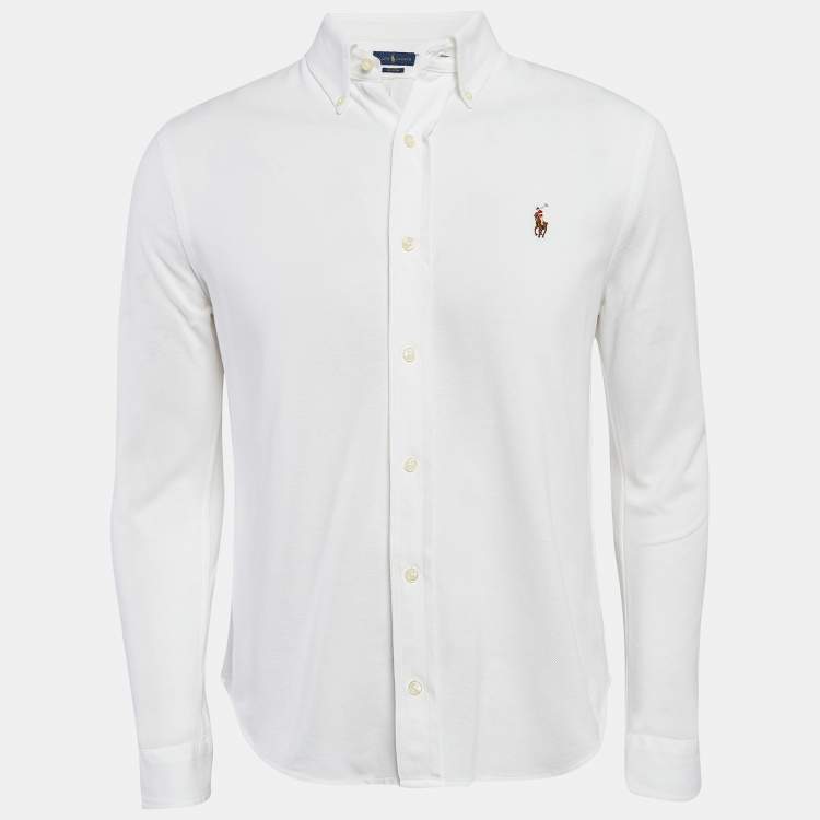 Pre Owned Ralph Lauren White Cotton Pique Knit Button Front Shirt L