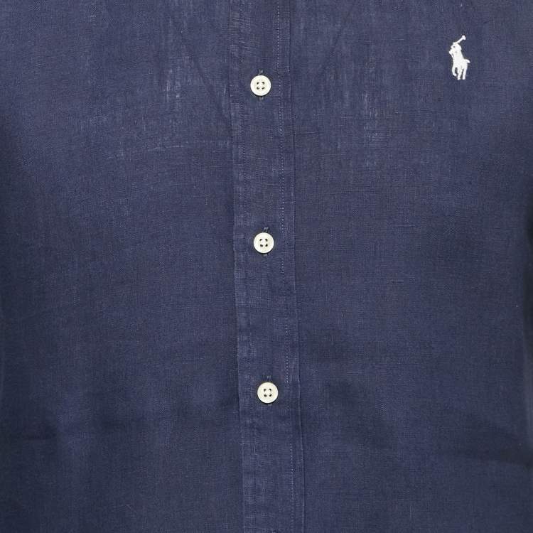 Pre Owned Ralph Lauren Navy Blue Logo Embroidery Linen Button Down Shirt S