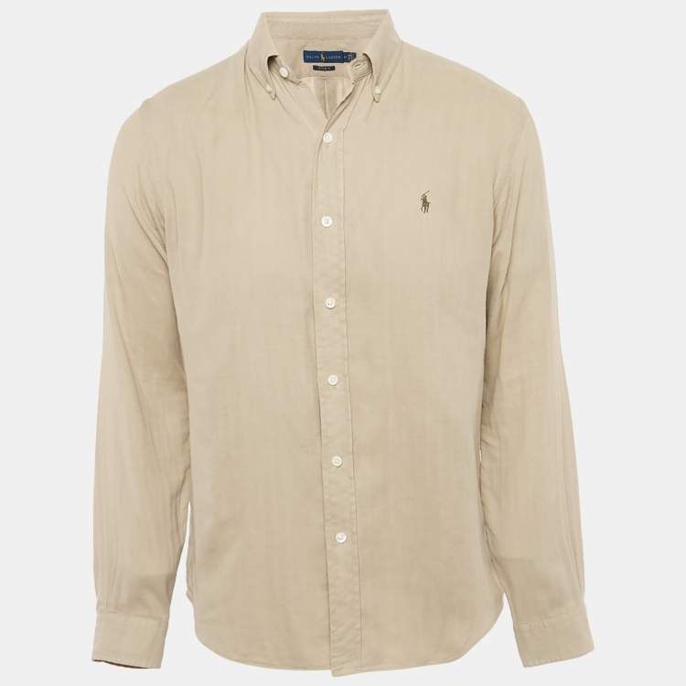 Pre Owned Ralph Lauren Camel Brown Logo Embroidered Cotton Custom Fit Shirt M