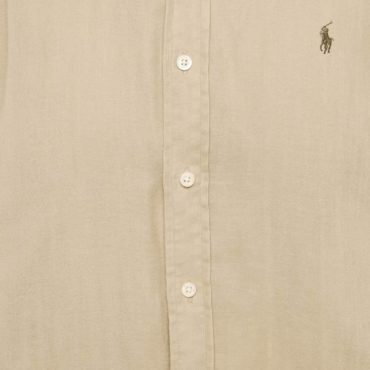 Pre Owned Ralph Lauren Camel Brown Logo Embroidered Cotton Custom Fit Shirt M