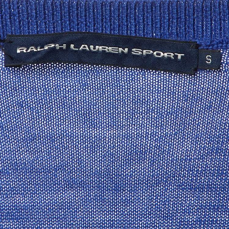 Pre Owned Ralph Lauren Sports Blue Logo Embroidered Wool V-Neck Sweater S 