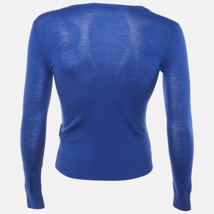 Pre Owned Ralph Lauren Sports Blue Logo Embroidered Wool V-Neck Sweater S 