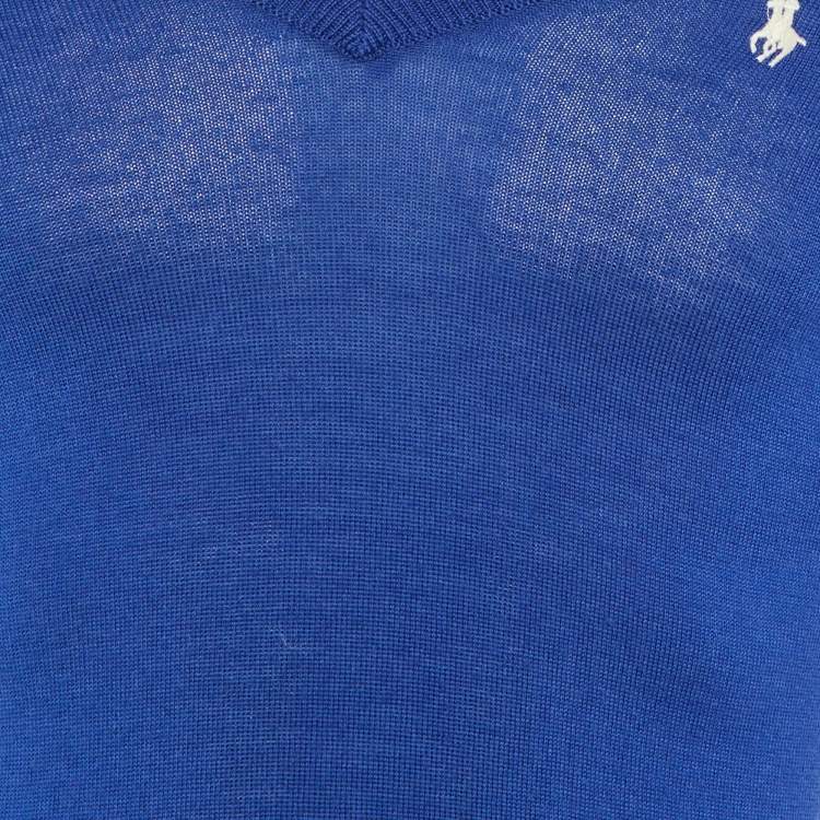 Pre Owned Ralph Lauren Sports Blue Logo Embroidered Wool V-Neck Sweater S 