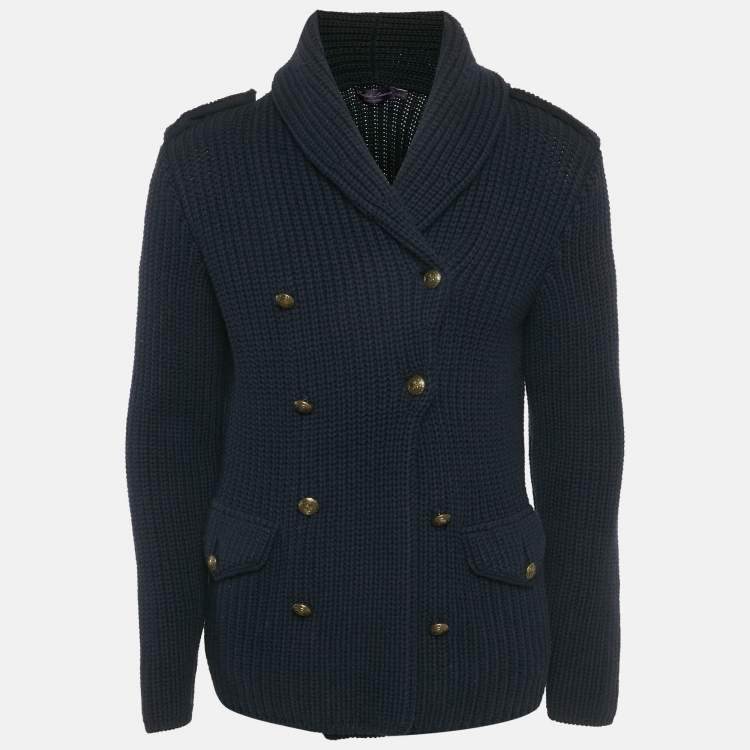 Pre Owned Ralph Lauren Blue Rib Knit Double Breasted Cardigan S