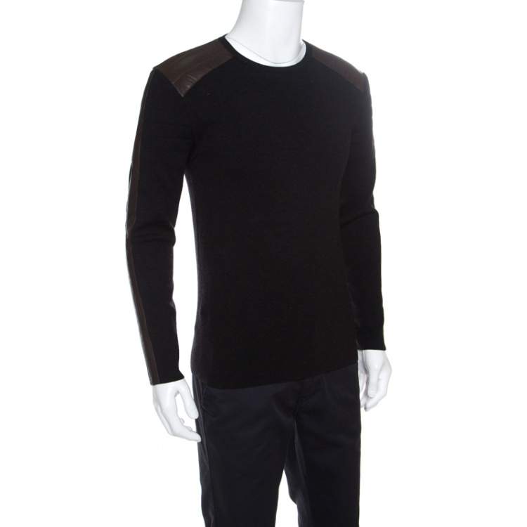 Pre Owned Ralph Lauren Charcoal Grey Merino Wool Leather Panel Detail Sweater M
