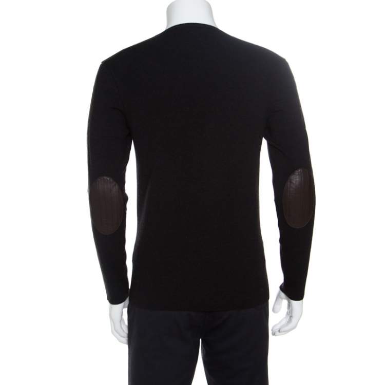 Pre Owned Ralph Lauren Charcoal Grey Merino Wool Leather Panel Detail Sweater M